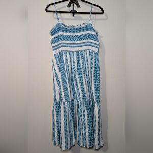 Chicsoul Blue + White Geometric Maxi Dress Spaghetti Strap Shirred Women Size 3X